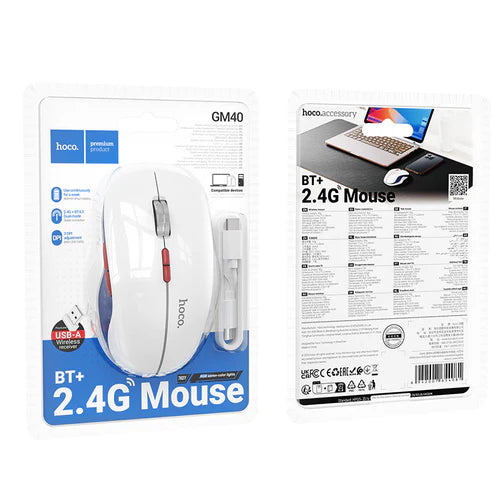 Ergonomic Wireless Mouse with Nano Receiver, LED Light, Dual Mode 2.4G + Bluetooth, Multi-Function Buttons (GM40)