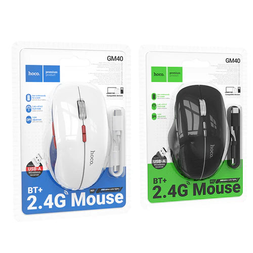 Ergonomic Wireless Mouse with Nano Receiver, LED Light, Dual Mode 2.4G + Bluetooth, Multi-Function Buttons (GM40)