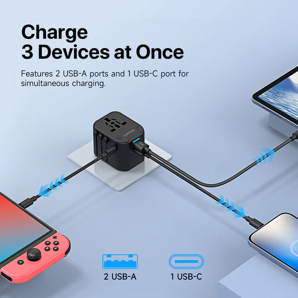 ELEKFONE Universal Travel Power Adapter, Dual-USB and Type-C Ports 12W - T12W