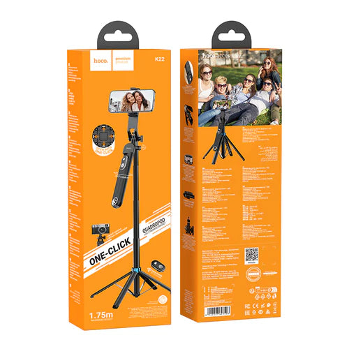 Premium Bluetooth Selfie Stick with 1.75m Quadpod, Camera Mount, Stabilizer, V5.2 Remote (K22)
