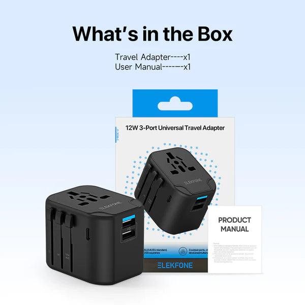 ELEKFONE Universal Travel Power Adapter, Dual-USB and Type-C Ports 12W - T12W