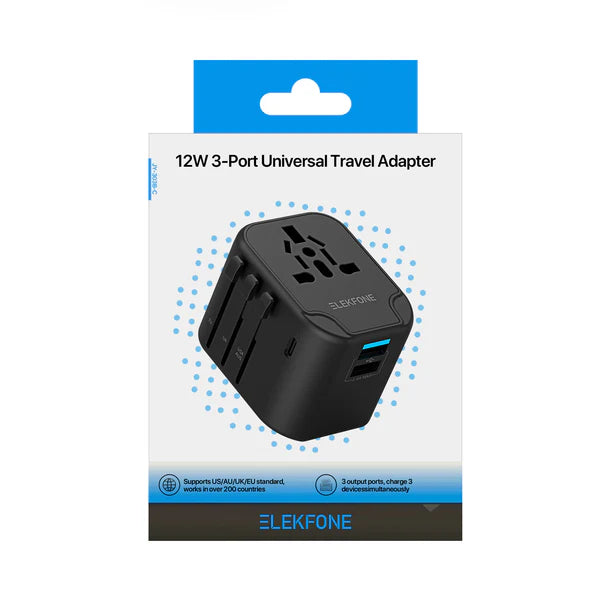 ELEKFONE Universal Travel Power Adapter, Dual-USB and Type-C Ports 12W - T12W