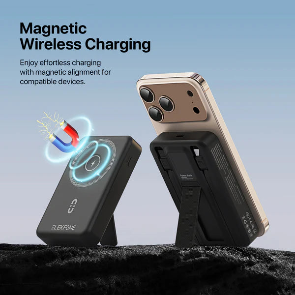 ELEKFONE Magnetic Wireless Power Bank with Built-in Cables and Kickstand