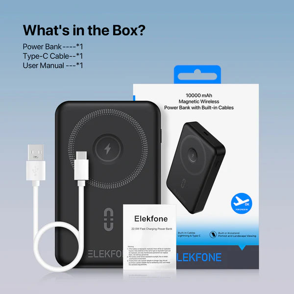ELEKFONE Magnetic Wireless Power Bank with Built-in Cables and Kickstand