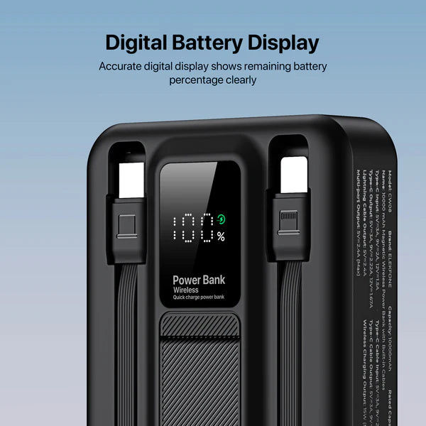 ELEKFONE Magnetic Wireless Power Bank with Built-in Cables and Kickstand