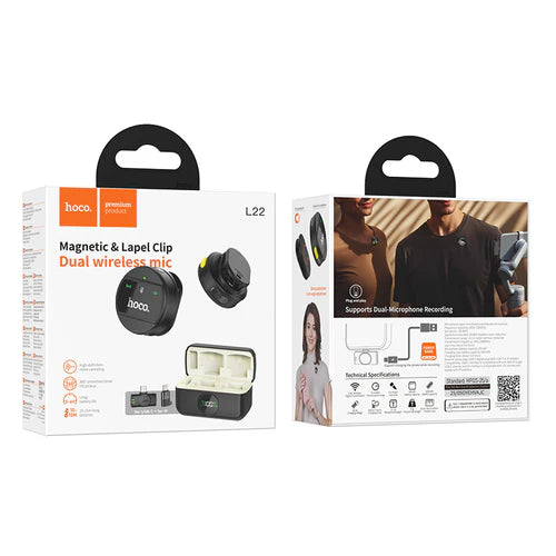Dual Wireless Digital Microphone w/ USB-C Connector + Lightning Adaptor, ENC Noise Cancellation, Magnetic Lapel (L22)