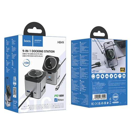 PD 100W 9 in 1 USB-C Multi Function Docking Station with Magnetic Charging Pad (HB49)