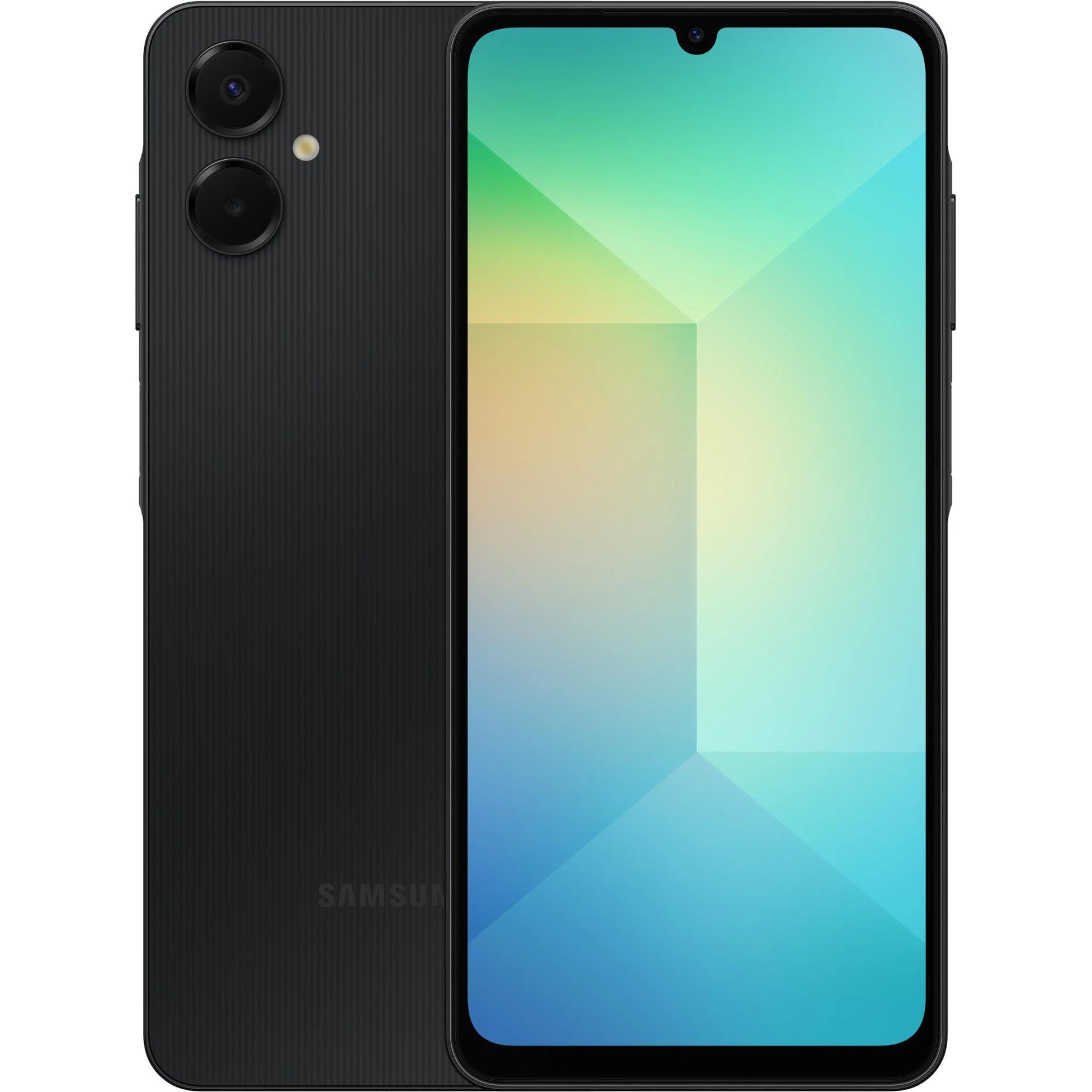Samsung smartphone showing back and front views on a white background