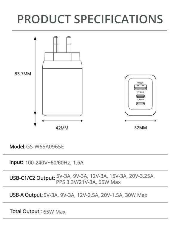 ELEKFONE 65W GaN Wall Charger Dual USB-C and USB-A Ports SAA Certified - C6