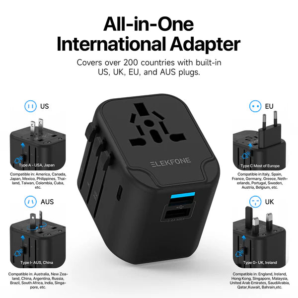 ELEKFONE Universal Travel Power Adapter, Dual-USB and Type-C Ports 12W - T12W