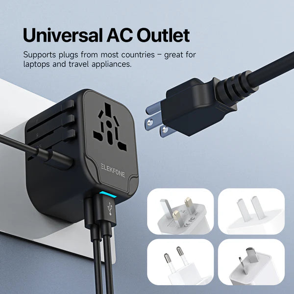 ELEKFONE Universal Travel Power Adapter, Dual-USB and Type-C Ports 12W - T12W