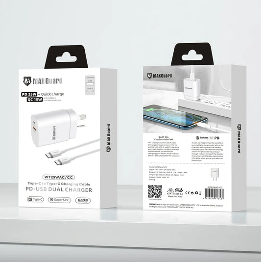 Maxguard PD 25W wall charger with Type-C to C combo WT25WAC/CC