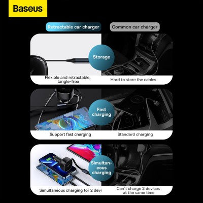 Baseus Enjoyment Retractable 2-in-1 Car Charger Type-c & Lightning 30W