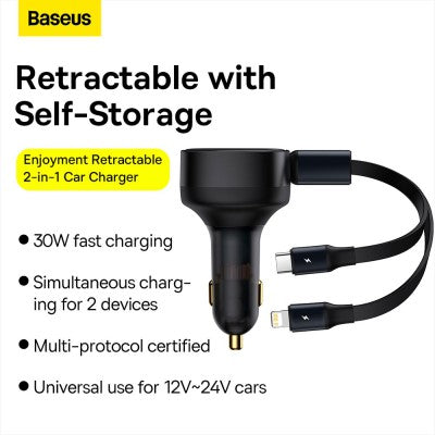 Baseus Enjoyment Retractable 2-in-1 Car Charger Type-c & Lightning 30W