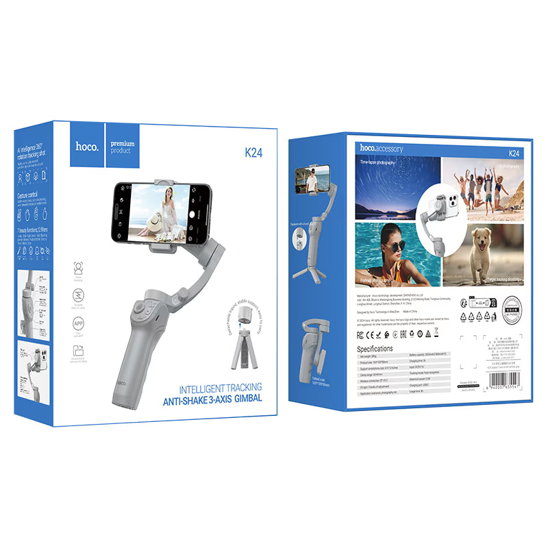 hoco. K24 Support, smart 3-axis gimbal, for 4.5 – 7 inches mobile phones, face tracking, 360-degree rotation, 3 modes fill light, tripod