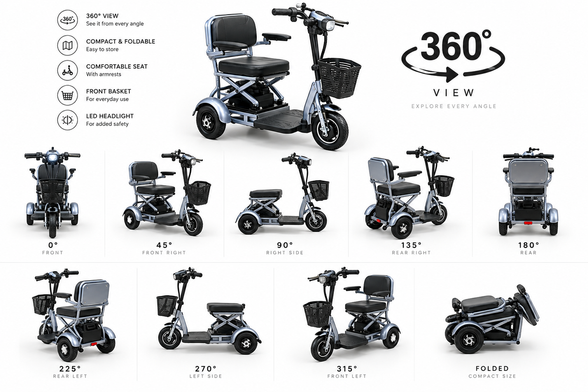 3-Wheel Foldable Mobility Scooter - 360 Degree Showcase